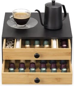 Navaris Bamboe Capsulehouder Met Lades - 33 X 35 X 14 Cm - Koffiecups Houder Voor Max. 72 Cups - Zwart -Café 1031x1200