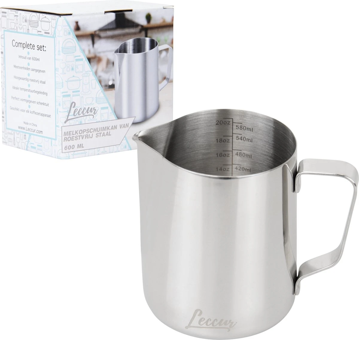 Leccur Barista Melkkan - Melkkannetje RVS - Melkopschuimkan 600ml 3 Leccur Barista Melkkan - Melkkannetje RVS - Melkopschuimkan 600ml