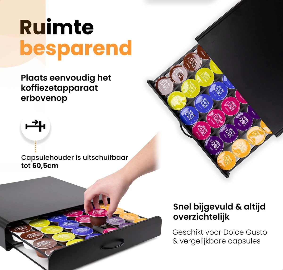 Capsulehouder Met Lade Dolce Gusto - Cups Houder Voor 36 Koffie Capsules - Capsulehouders - Incl. 4 Onderzetters - RVS - Zwart 6 Capsulehouder Met Lade Dolce Gusto - Cups Houder Voor 36 Koffie Capsules - Capsulehouders - Incl. 4 Onderzetters - RVS - Zwart - Afbeelding 4