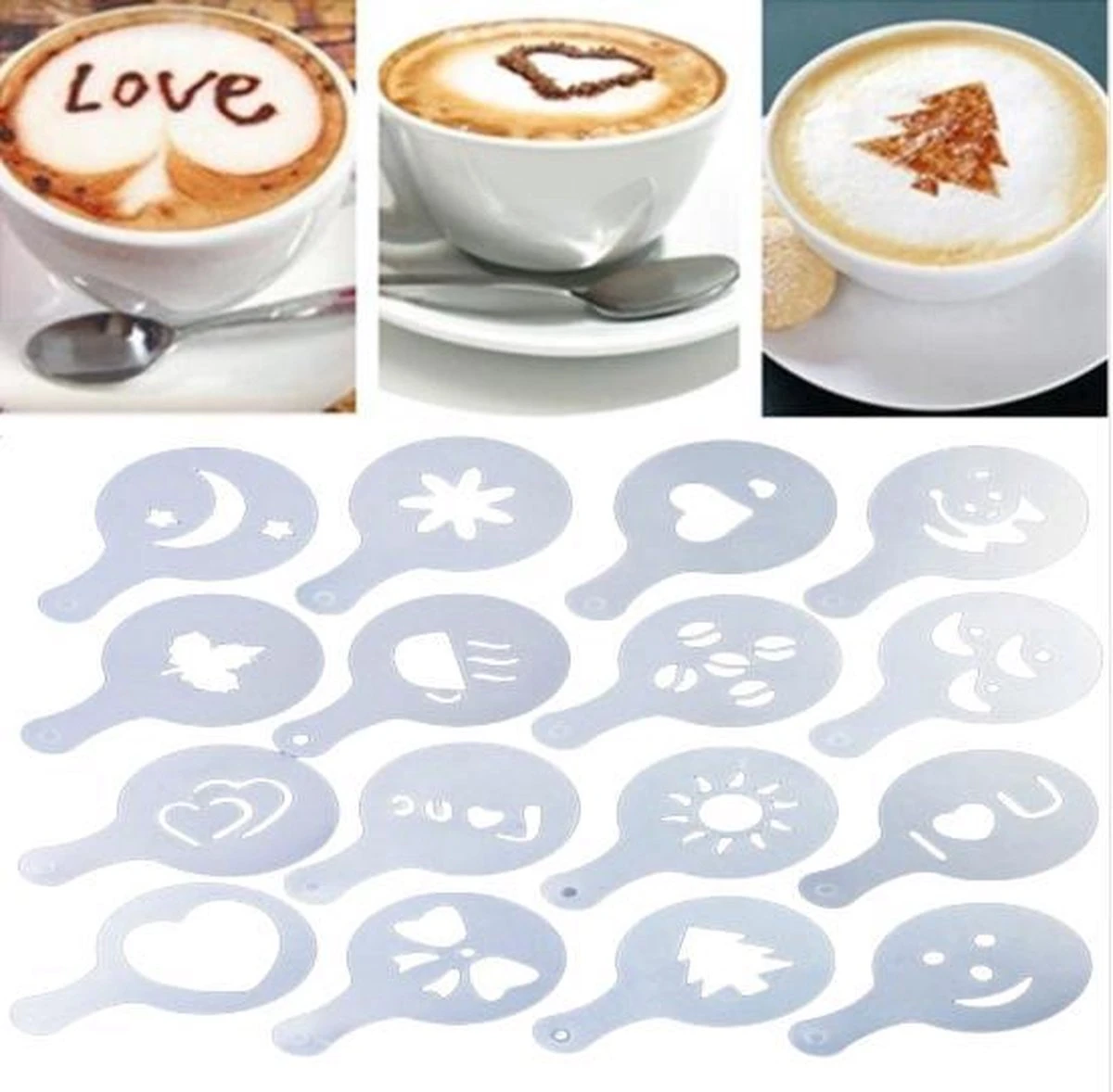 Merkloos Cappuccino Sjabloon - Herbruikbaar Barista Set - Cacao Sjablonen - 16 Stuks 3 Merkloos Cappuccino Sjabloon - Herbruikbaar Barista Set - Cacao Sjablonen - 16 Stuks