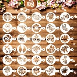 BOTC Cappuccino Sjabloon - 30 Herbruikbaar Barista Tools / Bloemen- DIY Stencil Cookie Barista Tools Voor Hot Chocolate / Cupcake / Cappuccino Decoratie - 9.7x7CM)
